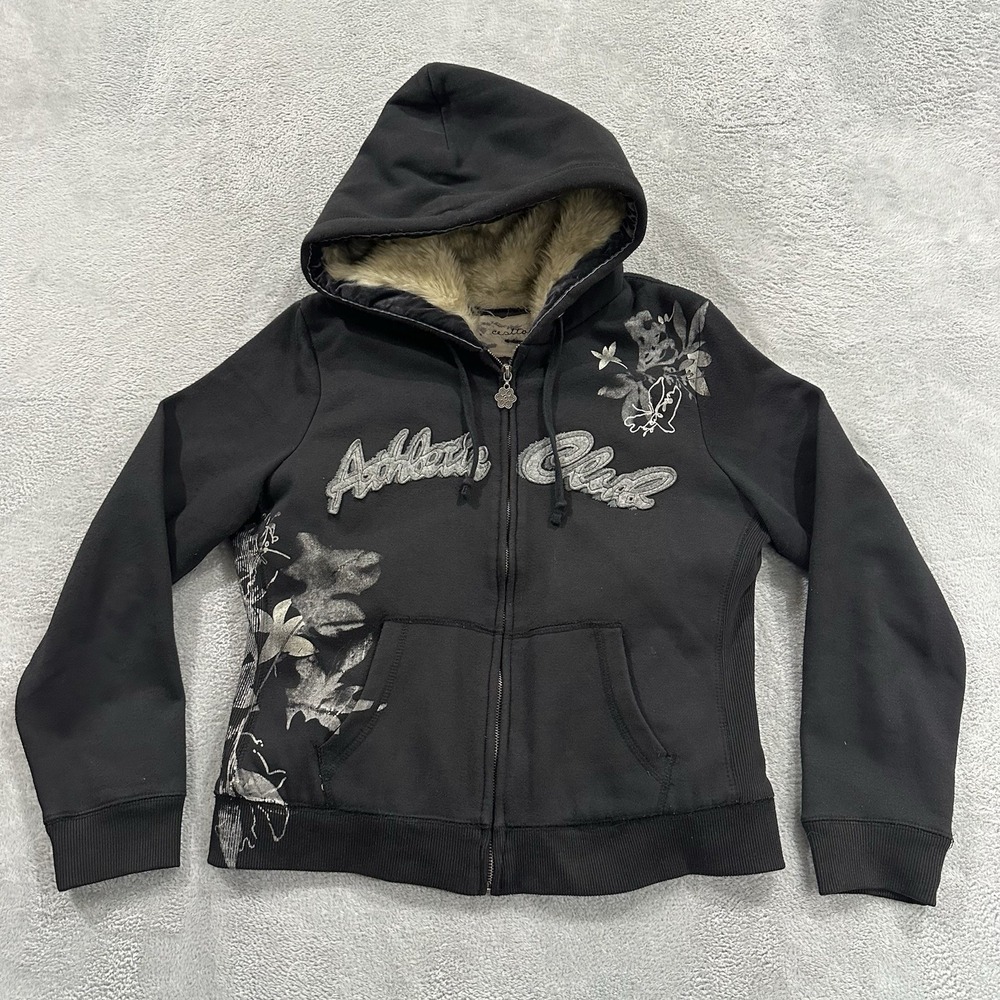 Cesttoi Faux Fur Jacket Women XS Black Y2K Vintage Athletic Club Bomber